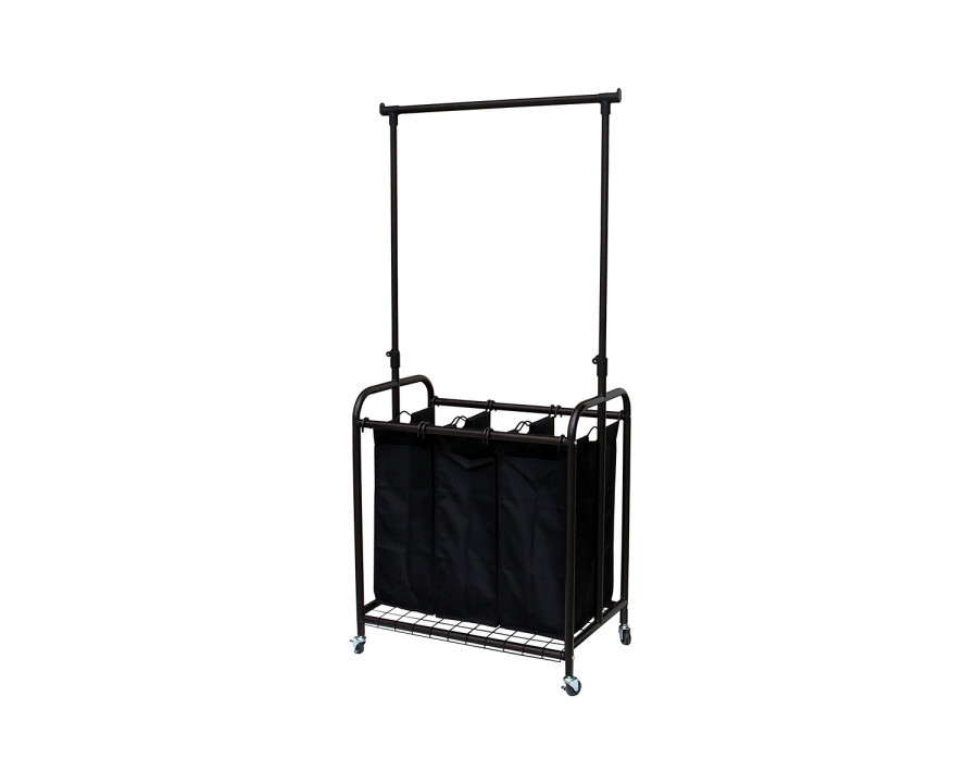 FaFurn - Bronze Black 3-Bag Laundry Sorter Hamper with Adjustable Clothes Hanging Bar