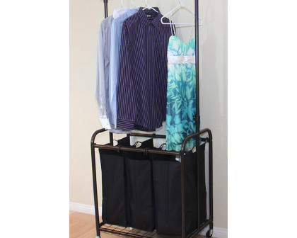 FaFurn - Bronze Black 3-Bag Laundry Sorter Hamper with Adjustable Clothes Hanging Bar