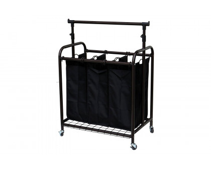 FaFurn - Bronze Black 3-Bag Laundry Sorter Hamper with Adjustable Clothes Hanging Bar