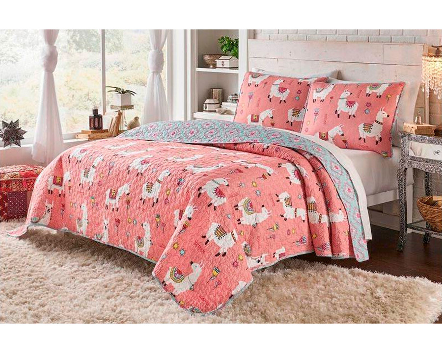 FaFurn Twin/Twin XL Size 2-Piece Reversible Floral Quilt Set - Pink/Blue, Cotton