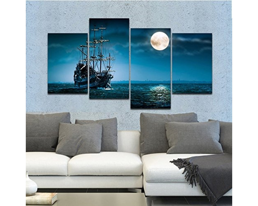 FaFurn - 4-Panel Wall Art Painting Print in Full Moon Ocean Ship