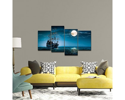 FaFurn - 4-Panel Wall Art Painting Print in Full Moon Ocean Ship