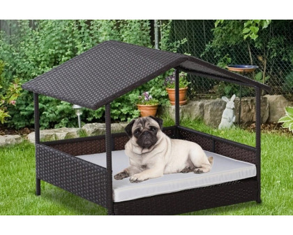 FaFurn - Espresso Wicker Weather Resistant Raised Dog Bed House with 2 in Thick Cushion