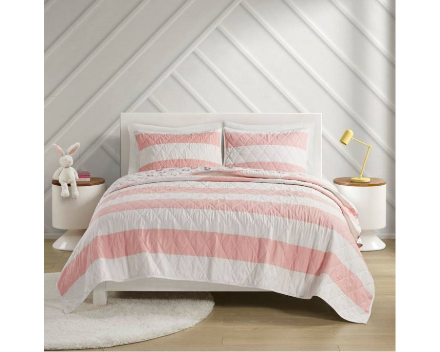 FaFurn 3-Piece Full/Queen Size Reversible Quilt Set - Pink/White, Cotton