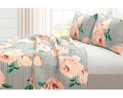 FaFurn Full/Queen Size 3-Piece Reversible Striped Floral Quilt Set - Black/White, Polyester