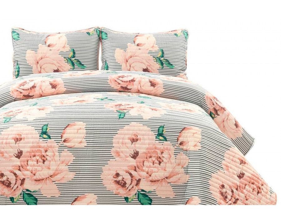 FaFurn - 3-Piece Reversible Striped Floral Quilt Set