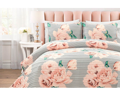 FaFurn - 3-Piece Reversible Striped Floral Quilt Set