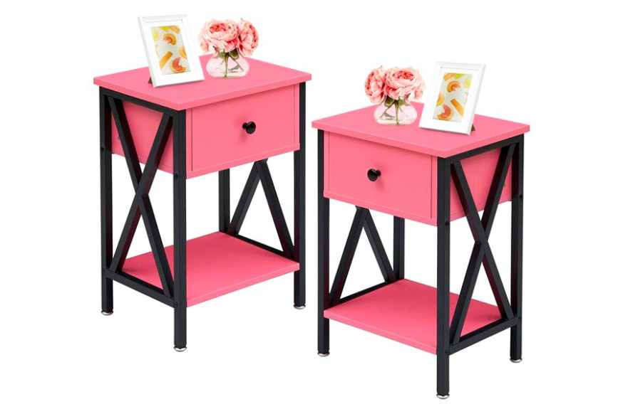 FaFurn™ Set of 2 Rustic End Table with 1 Drawer - Pink/Black, Metal/MDF