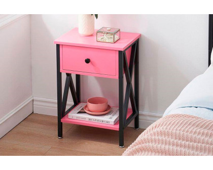 FaFurn™ Set of 2 Rustic End Table with 1 Drawer - Pink/Black, Metal/MDF