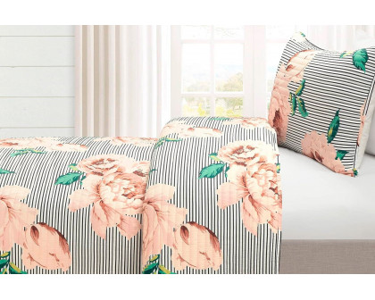 FaFurn Twin/Twin XL Size 3-Piece Reversible Striped Floral Quilt Set - Black/White, Polyester