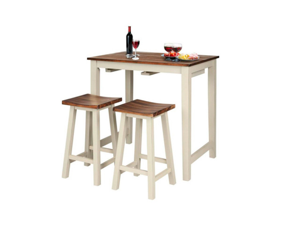 FaFurn - 3-Piece Farmhouse Kitchen Pub Table Set with 2 Saddle Bar Stools in White/Walnut, Wood/MDF