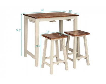 FaFurn - 3-Piece Farmhouse Kitchen Pub Table Set with 2 Saddle Bar Stools in White/Walnut, Wood/MDF