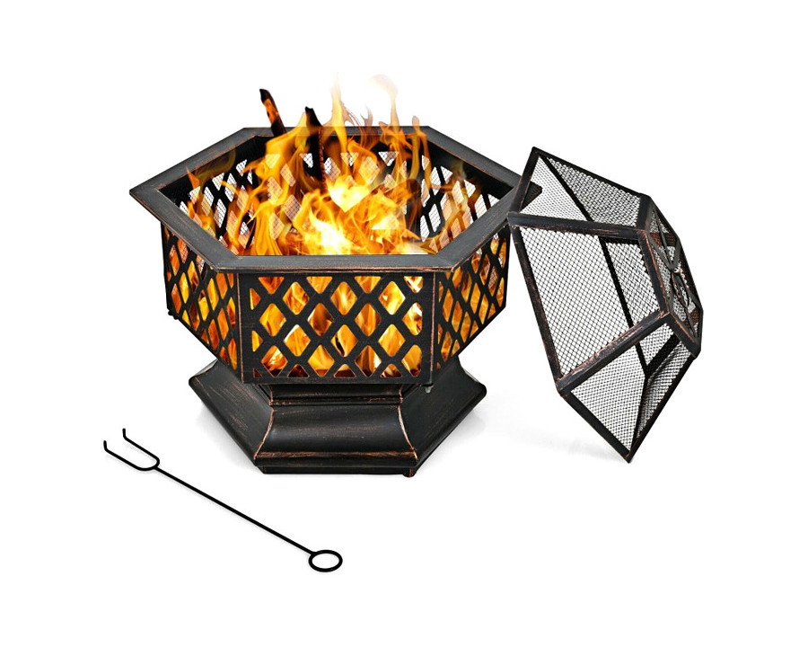 FaFurn Portable Hex Shaped Wood Burning Fire Pit with Cover and Poker