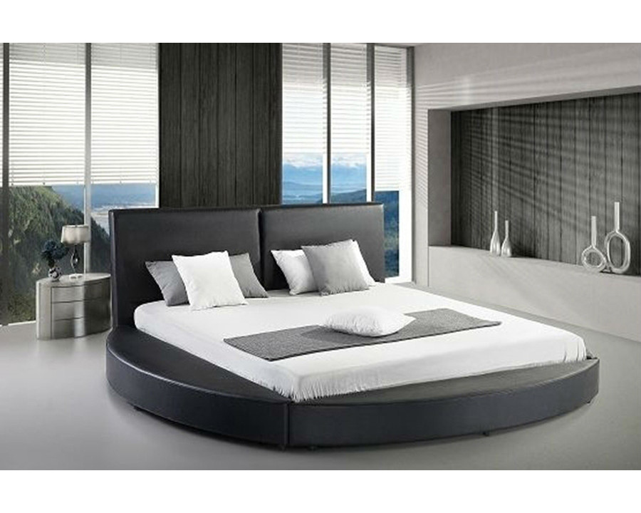 FaFurn - Queen Size Modern Round Platform Bed with Headboard in Black Faux Leather