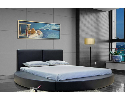 FaFurn - Queen Size Modern Round Platform Bed with Headboard in Black Faux Leather