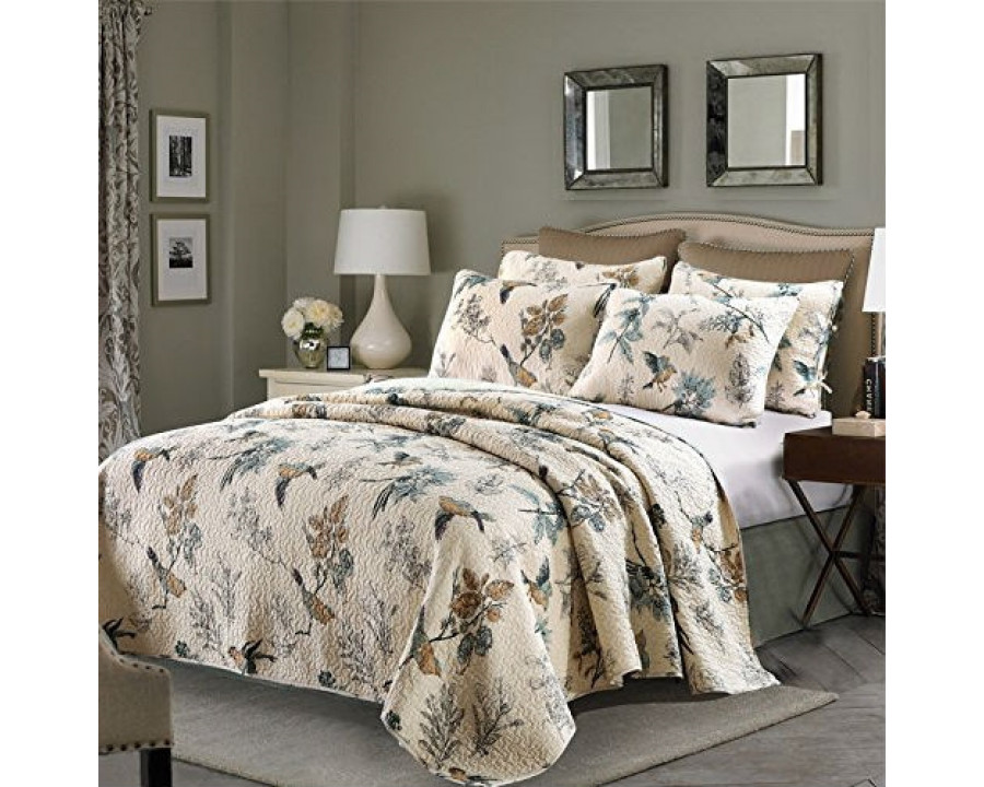 FaFurn - 3-Piece Bedspread Set with Floral Birds Pattern