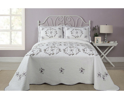 FaFurn - Queen Size Cotton Bedspread with Scalloped Edges and Floral Print Embroidery in White