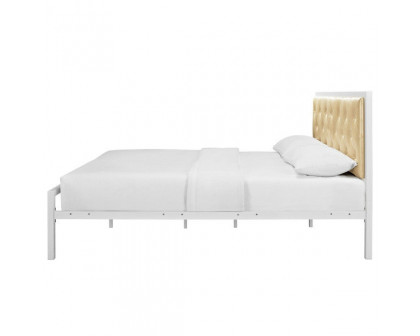 FaFurn Queen Size Platform Bed with Button Tufted Headboard - Champagne, Metal