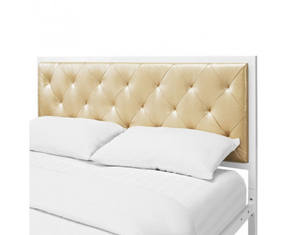 FaFurn Queen Size Platform Bed with Button Tufted Headboard - Champagne, Metal