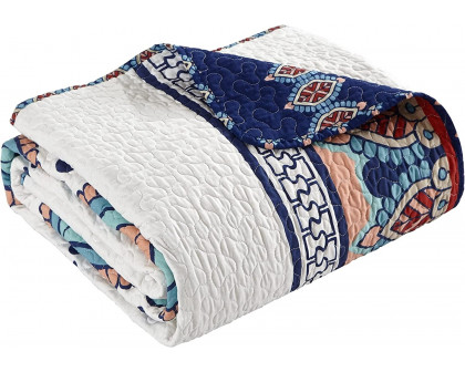 FaFurn 4-Piece Queen Size Geometric Reversible Quilt Set - Blue/White, Cotton