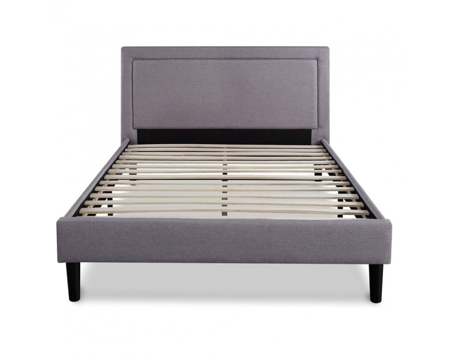 FaFurn - Queen Size Platform Bed with Upholstered Headboard and Piped Frame Detail in Gray, Wood