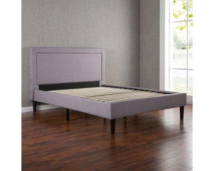 FaFurn - Queen Size Platform Bed with Upholstered Headboard and Piped Frame Detail in Gray, Wood