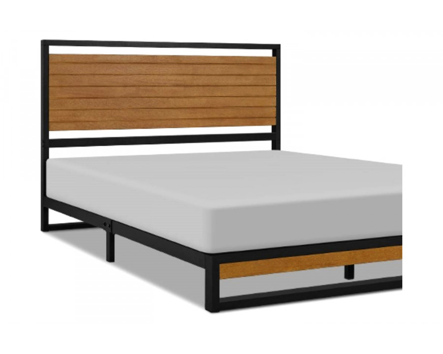 FaFurn - Modern Metal Platform Bed Frame with Wood Slatted Headboard