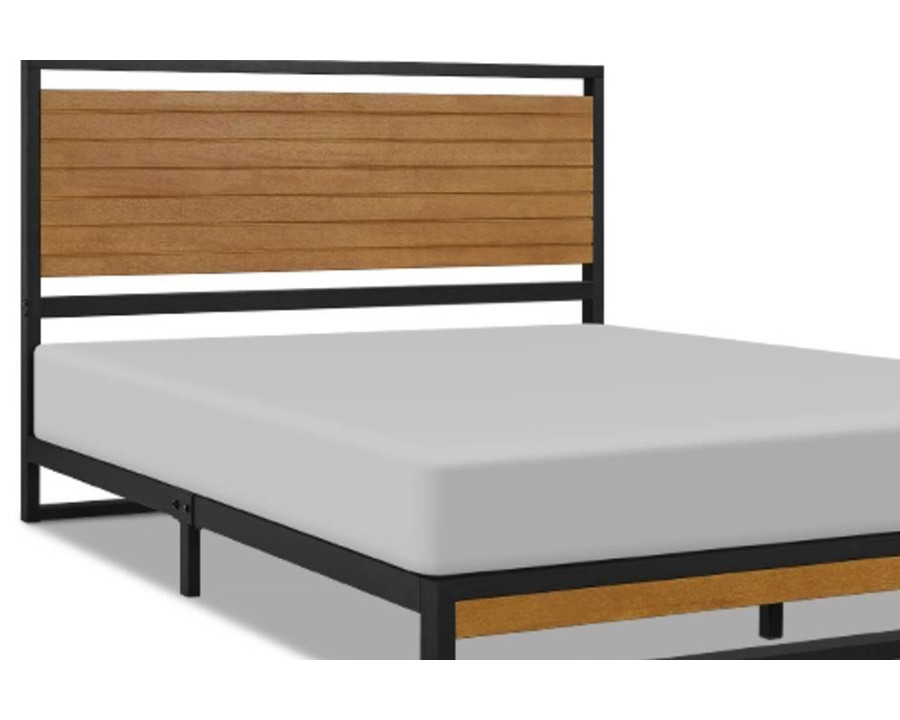 FaFurn Modern Metal Platform Bed Frame with Wood Slatted Headboard - Queen Size