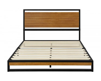 FaFurn - Modern Metal Platform Bed Frame with Wood Slatted Headboard