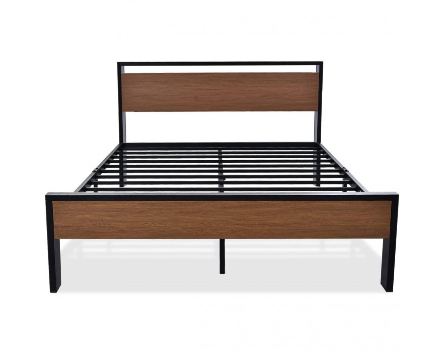 FaFurn - Queen Size Platform Bed Frame with Wood Panel Headboard/Footboard in Walnut, Metal