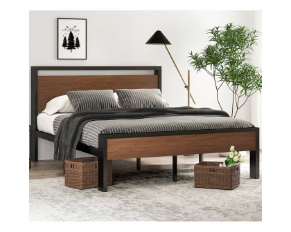 FaFurn - Queen Size Platform Bed Frame with Wood Panel Headboard/Footboard in Walnut, Metal