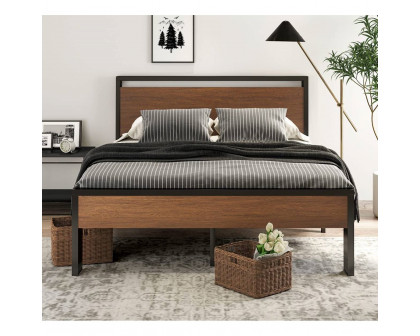 FaFurn - Queen Size Platform Bed Frame with Wood Panel Headboard/Footboard in Walnut, Metal