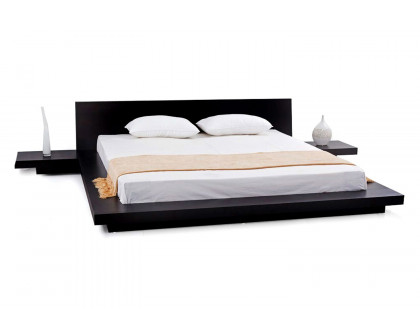 FaFurn™ Modern Japanese Style Platform Bed with Headboard and 2 Nightstands - Espresso, Queen Size