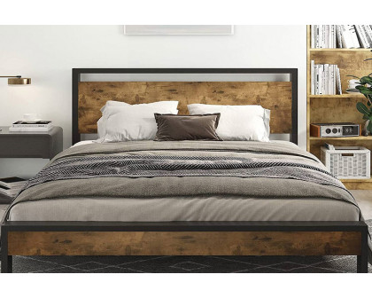 FaFurn Modern Farmhouse Platform Bed Frame with Wood Panel Headboard Footboard - Wood/Black, Queen Size