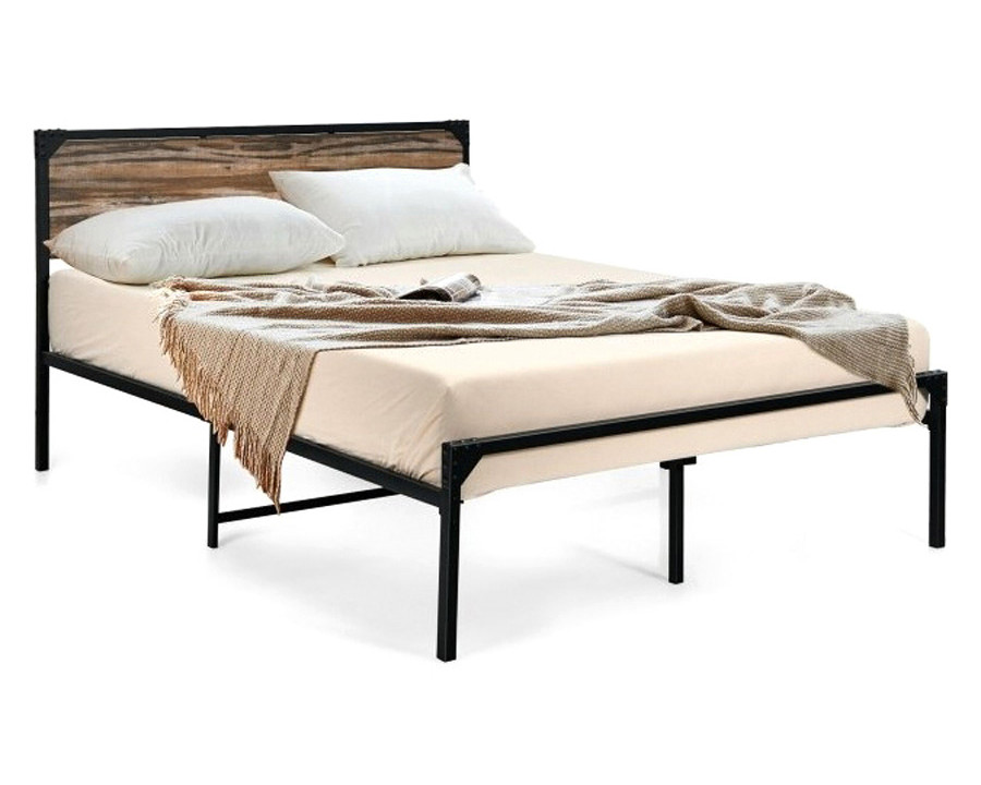 FaFurn Rustic Farmhome Metal Wood Platform Bed Frame - Queen Size