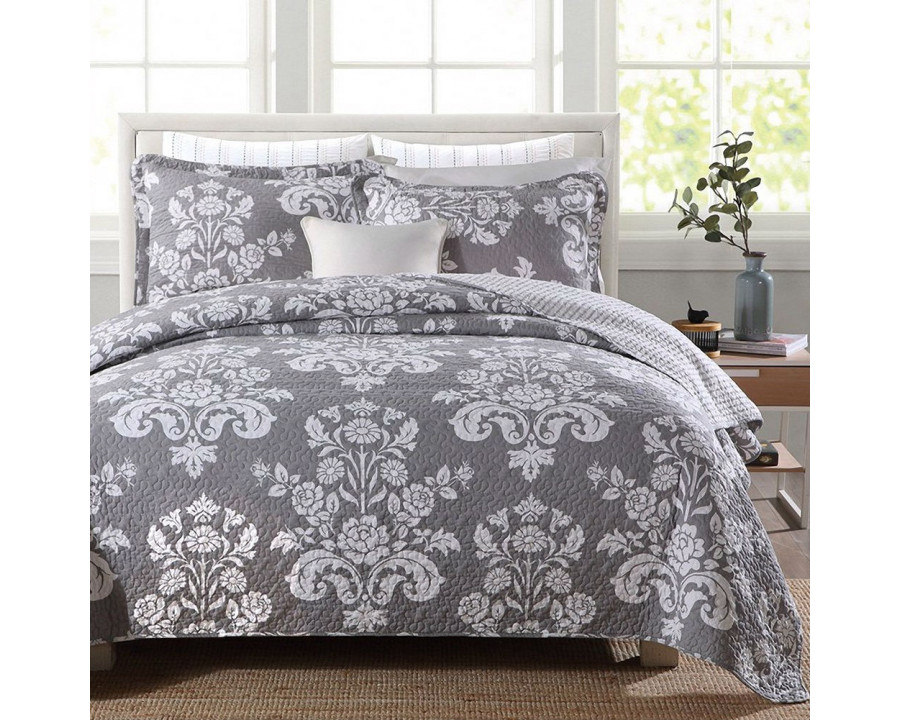 FaFurn - 3-Piece Queen Size Bedspread Set with Floral Pattern in Gray, Cotton