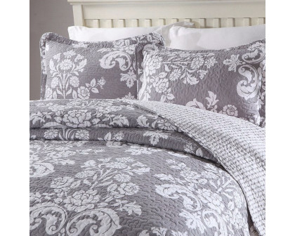 FaFurn - 3-Piece Queen Size Bedspread Set with Floral Pattern in Gray, Cotton