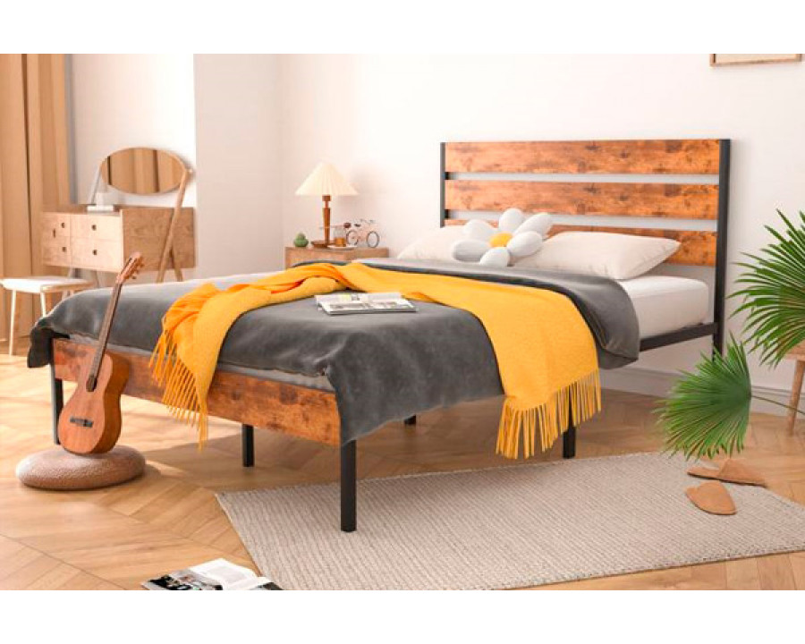 FaFurn - Industrial Platform Bed with Wood Slatted Headboard (BWPBHF4239587)