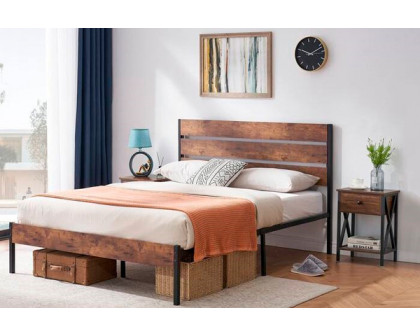 FaFurn - Industrial Platform Bed with Wood Slatted Headboard (BWPBHF4239587)