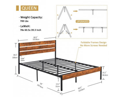 FaFurn Industrial Queen Size Platform Bed with Wood Slatted Headboard - Brown, Wood