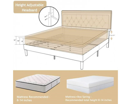 FaFurn Queen Size Adjustable Platform Bed with Headboard - Beige, Fabric