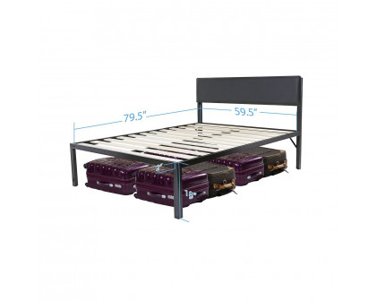 FaFurn - Queen Size Platform Bed Frame with Black Padded Headboard in Black, Metal