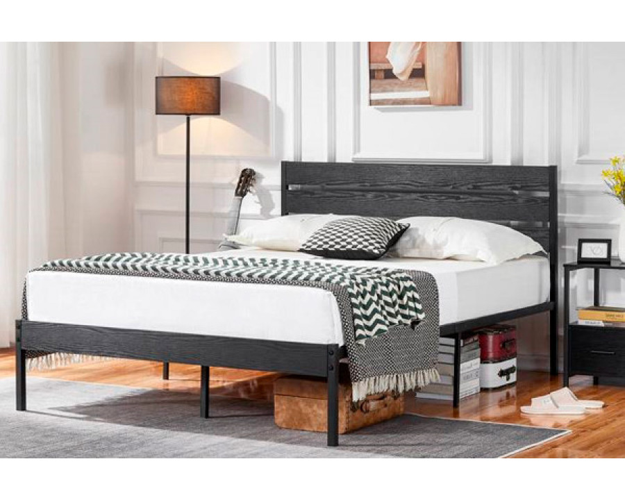 FaFurn - Industrial Platform Bed with Wood Slatted Headboard (BLBDK547931)