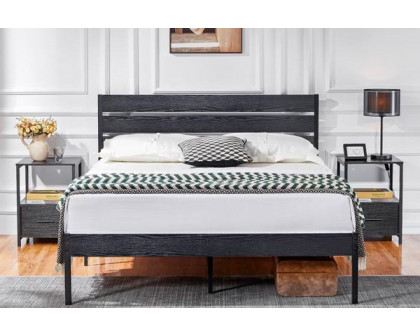 FaFurn - Industrial Platform Bed with Wood Slatted Headboard (BLBDK547931)