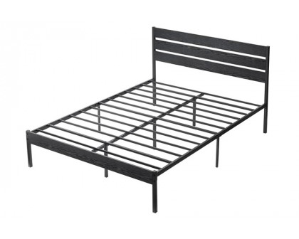 FaFurn Industrial Queen Size Platform Bed with Wood Slatted Headboard - Black, Wood