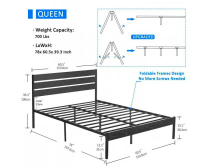 FaFurn Industrial Queen Size Platform Bed with Wood Slatted Headboard - Black, Wood