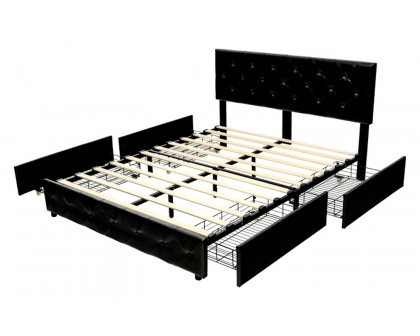 FaFurn - Pu Leather Button Tufted Platform Bed with 4 Storage Drawers