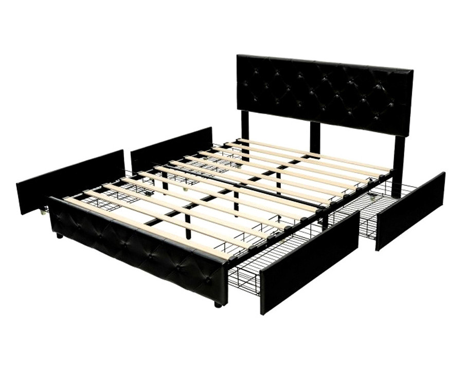 FaFurn Pu Leather Button Tufted Platform Bed with 4 Storage Drawers - Black, Queen Size