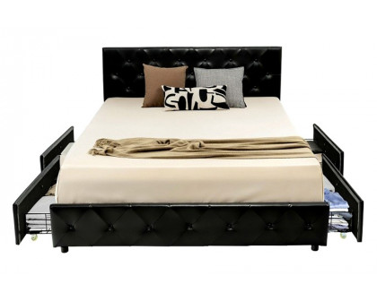 FaFurn Pu Leather Button Tufted Platform Bed with 4 Storage Drawers - Black, Queen Size