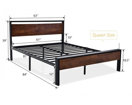 FaFurn Modern Farmhouse Platform Bed Frame with Wood Panel Headboard Footboard - Mahogany/Black, Queen Size